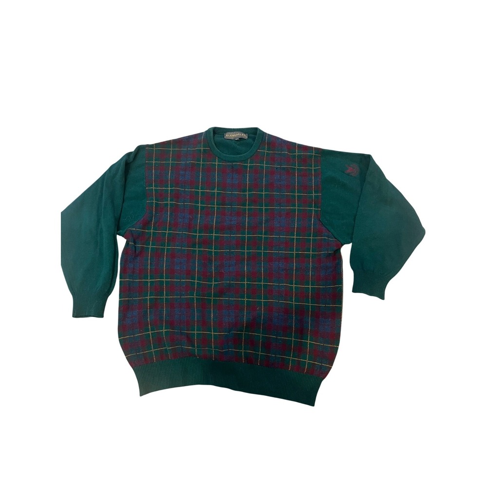 Gleneagles Vintage‎ Mens XL Plaid Crewneck Sweater Green Burgundy Knit Tartan